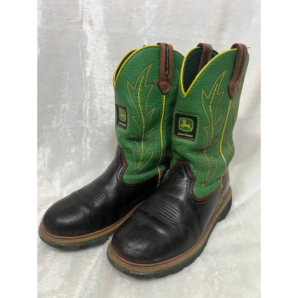 John Deere Western Boots Childrens 6.5M Brown Green Leather Cowboy Work Farmcore